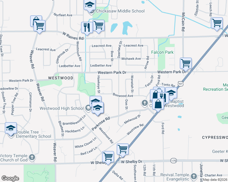 map of restaurants, bars, coffee shops, grocery stores, and more near 4388 Bow Street in Memphis