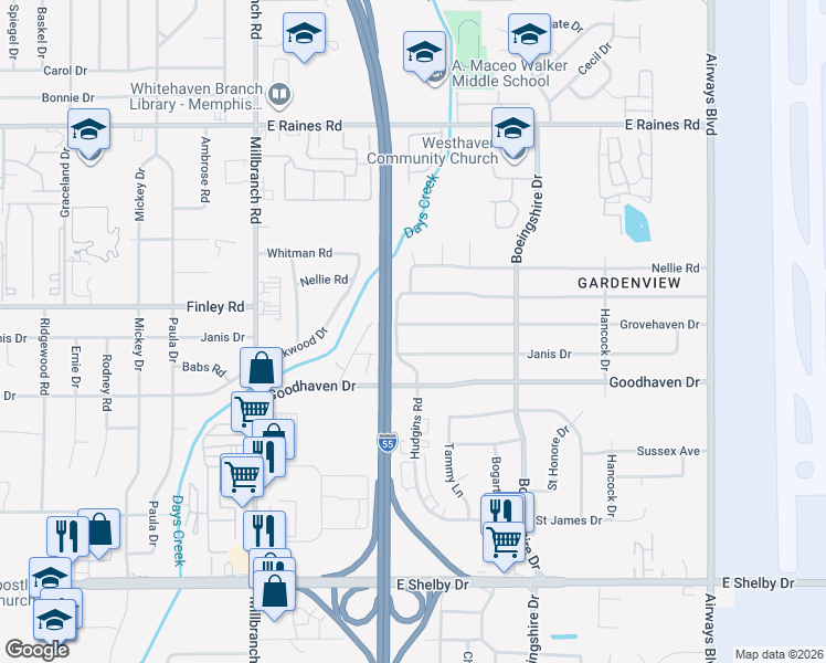 map of restaurants, bars, coffee shops, grocery stores, and more near 1874 Grovehaven Drive in Memphis