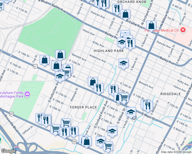 map of restaurants, bars, coffee shops, grocery stores, and more near 1606 East 12th Street in Chattanooga