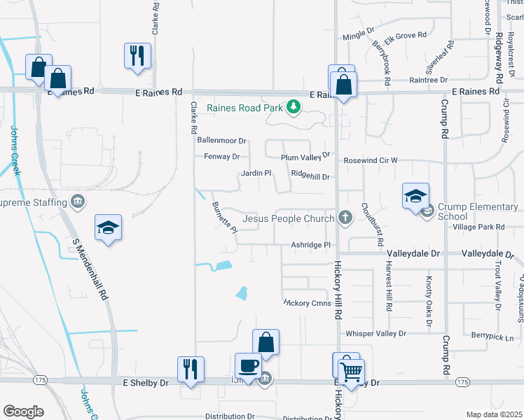 map of restaurants, bars, coffee shops, grocery stores, and more near 4354 Cary Hill Cove in Memphis