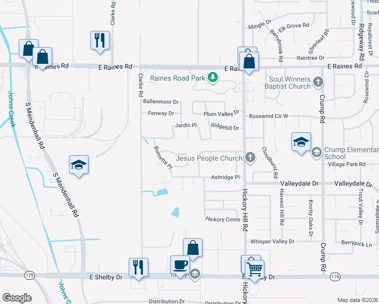 map of restaurants, bars, coffee shops, grocery stores, and more near 4354 Cary Hill Cove in Memphis