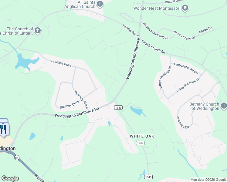 map of restaurants, bars, coffee shops, grocery stores, and more near 5932 Weddington Matthews Road in Matthews