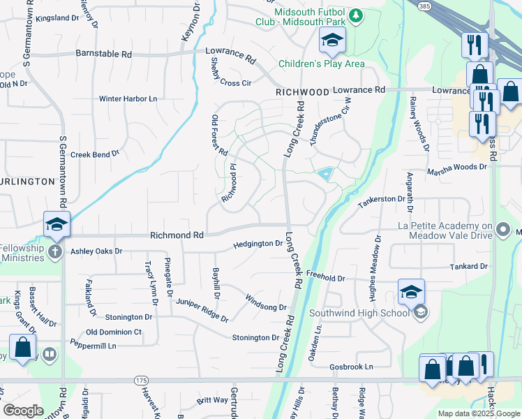 map of restaurants, bars, coffee shops, grocery stores, and more near 4386 Wildflower Lane in Memphis