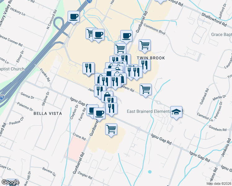 map of restaurants, bars, coffee shops, grocery stores, and more near 1926 Gunbarrel Road in Chattanooga
