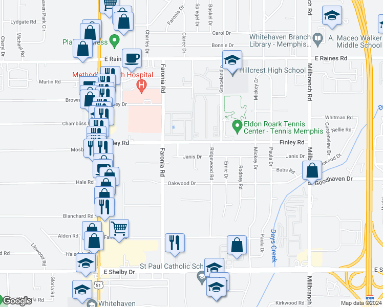 map of restaurants, bars, coffee shops, grocery stores, and more near 1394 Janis Drive in Memphis