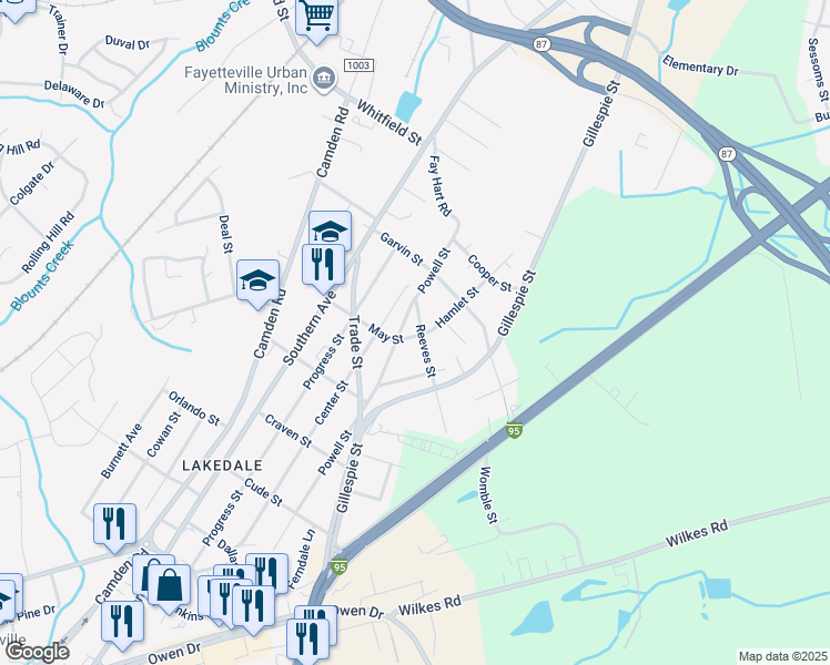 map of restaurants, bars, coffee shops, grocery stores, and more near 1540 Reeves Street in Fayetteville