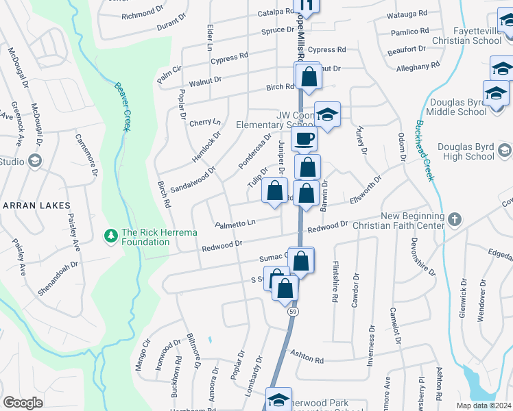 map of restaurants, bars, coffee shops, grocery stores, and more near 5117 Utile Road in Fayetteville