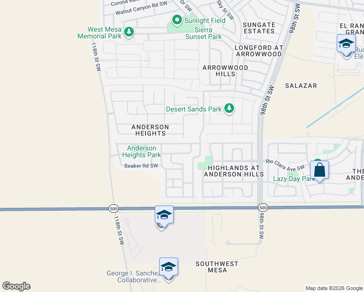 map of restaurants, bars, coffee shops, grocery stores, and more near 10629 Antler Tool Road Southwest in Albuquerque