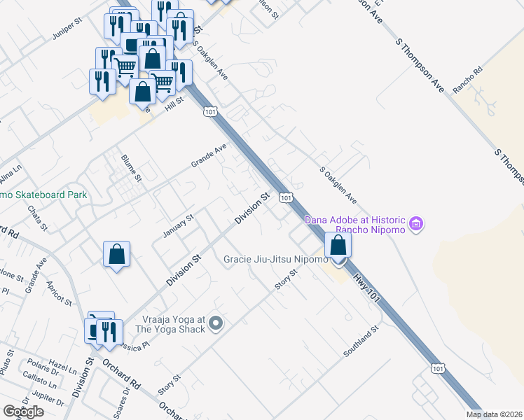 map of restaurants, bars, coffee shops, grocery stores, and more near 505 Adina Way in Nipomo