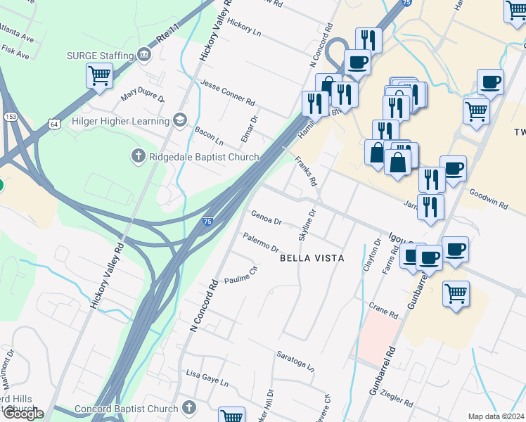 map of restaurants, bars, coffee shops, grocery stores, and more near 7005 Genoa Drive in Chattanooga