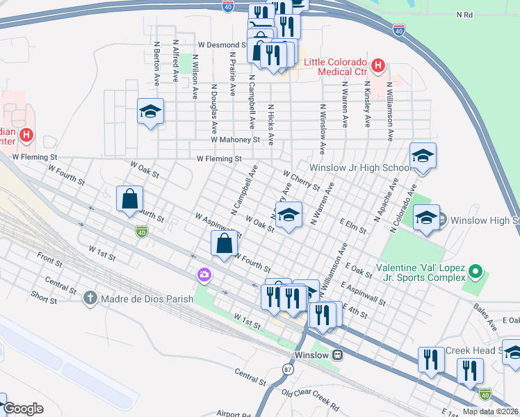 map of restaurants, bars, coffee shops, grocery stores, and more near 504 West Maple Street in Winslow