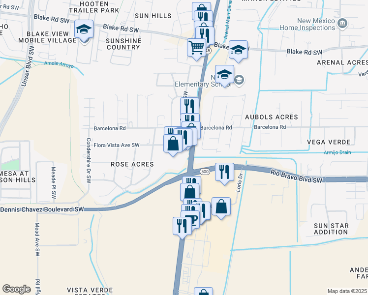 map of restaurants, bars, coffee shops, grocery stores, and more near 3800 Flora Vista Avenue Southwest in Albuquerque