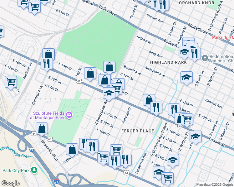 map of restaurants, bars, coffee shops, grocery stores, and more near 1308 E 14th St in Chattanooga