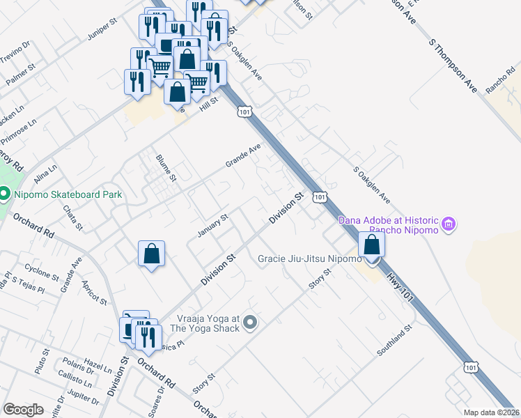 map of restaurants, bars, coffee shops, grocery stores, and more near 626 Juno Court in Nipomo