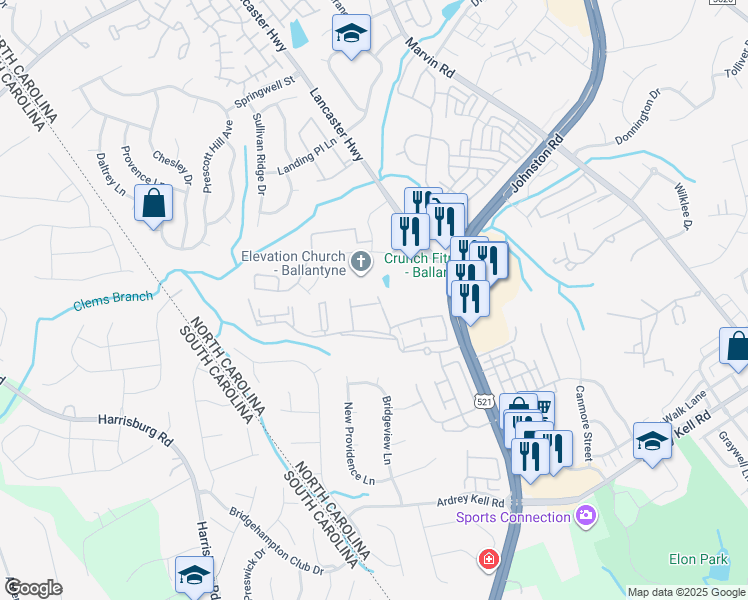 map of restaurants, bars, coffee shops, grocery stores, and more near 16270 Redstone Mountain Lane in Charlotte