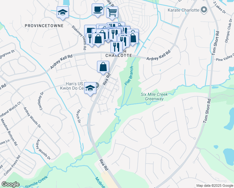 map of restaurants, bars, coffee shops, grocery stores, and more near 8622 Zelkova Lane in Charlotte