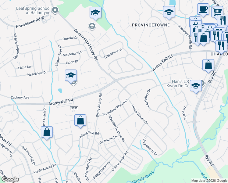 map of restaurants, bars, coffee shops, grocery stores, and more near 18440 Lilliesleaf Glenn Lane in Charlotte