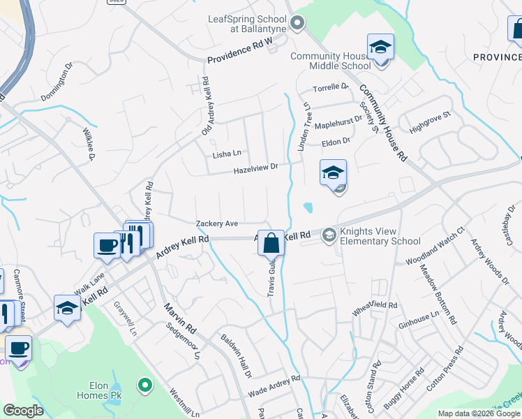 map of restaurants, bars, coffee shops, grocery stores, and more near 9815 Andrea Way in Charlotte