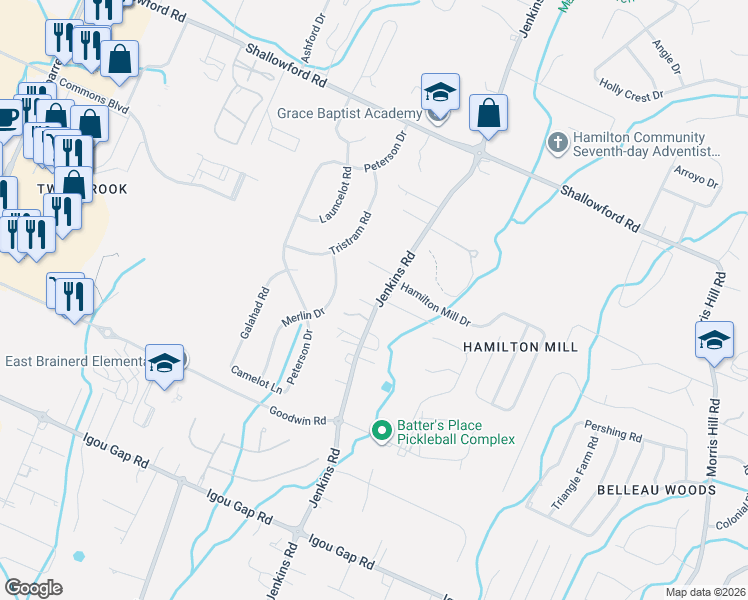 map of restaurants, bars, coffee shops, grocery stores, and more near 7815 Avalon Acres Court in Chattanooga