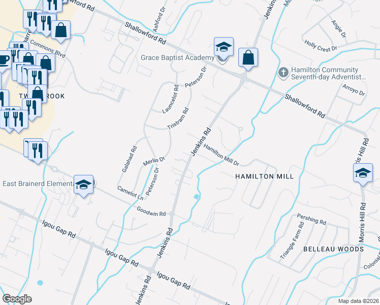map of restaurants, bars, coffee shops, grocery stores, and more near 7815 Avalon Acres Court in Chattanooga