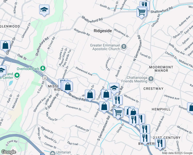 map of restaurants, bars, coffee shops, grocery stores, and more near 3353 Pinewood Avenue in Chattanooga