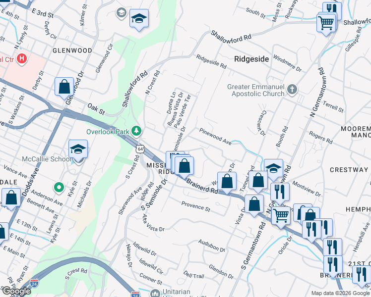 map of restaurants, bars, coffee shops, grocery stores, and more near 113 North Seminole Drive in Chattanooga
