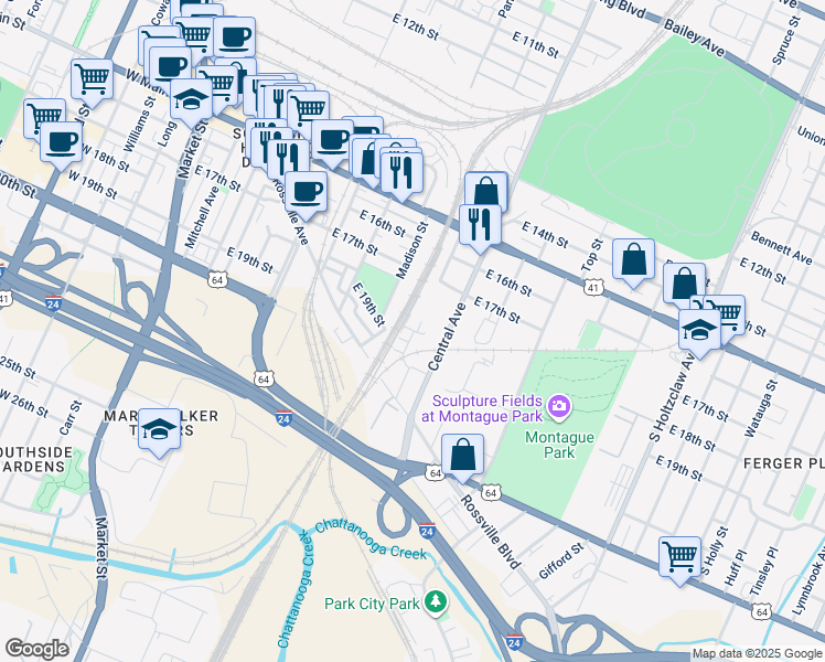 map of restaurants, bars, coffee shops, grocery stores, and more near 1845 Central Avenue in Chattanooga