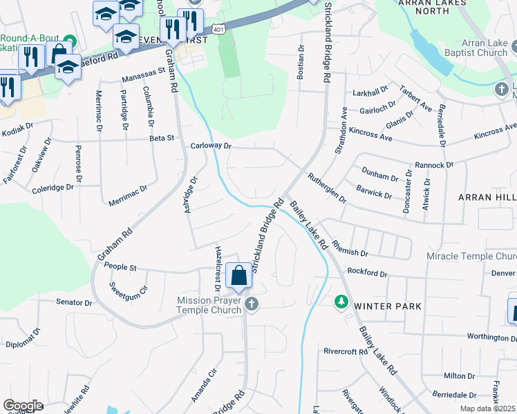 map of restaurants, bars, coffee shops, grocery stores, and more near 2004 Abbeydale Lane in Fayetteville