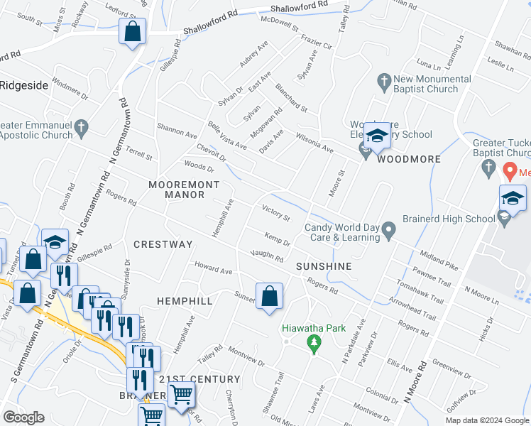 map of restaurants, bars, coffee shops, grocery stores, and more near 4218 Victory Street in Chattanooga