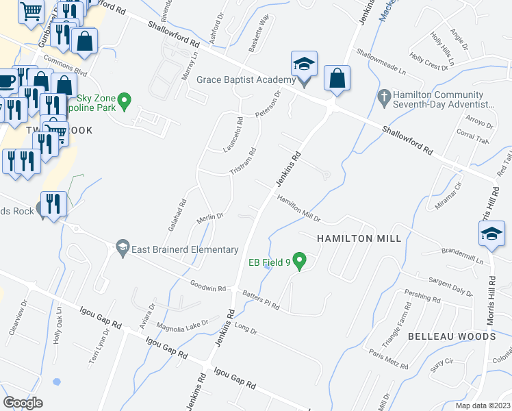 map of restaurants, bars, coffee shops, grocery stores, and more near 7841 Avalon Acres Court in Chattanooga