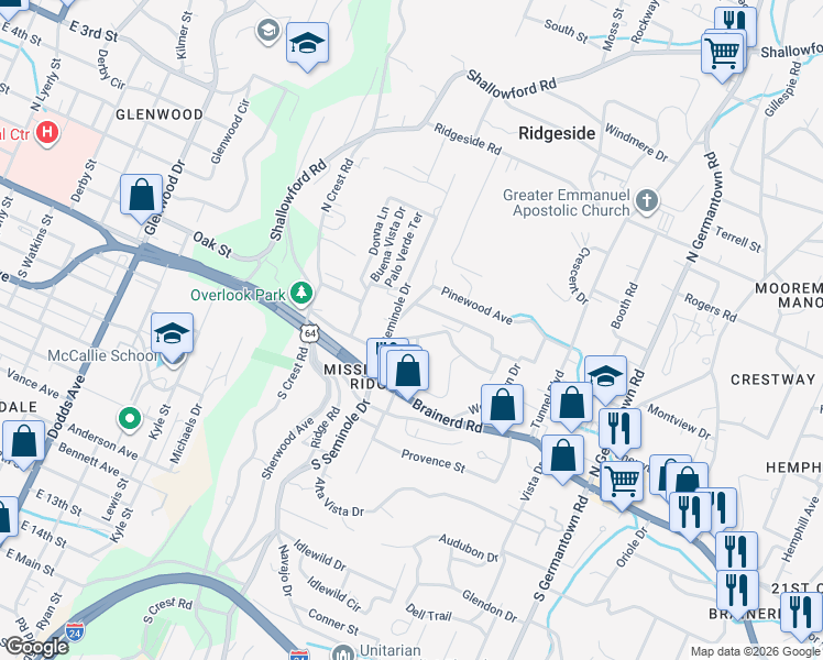 map of restaurants, bars, coffee shops, grocery stores, and more near 113 North Seminole Drive in Chattanooga