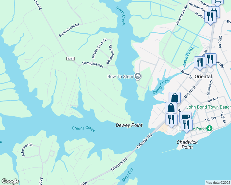 map of restaurants, bars, coffee shops, grocery stores, and more near 9221 Hornigold Avenue in Oriental