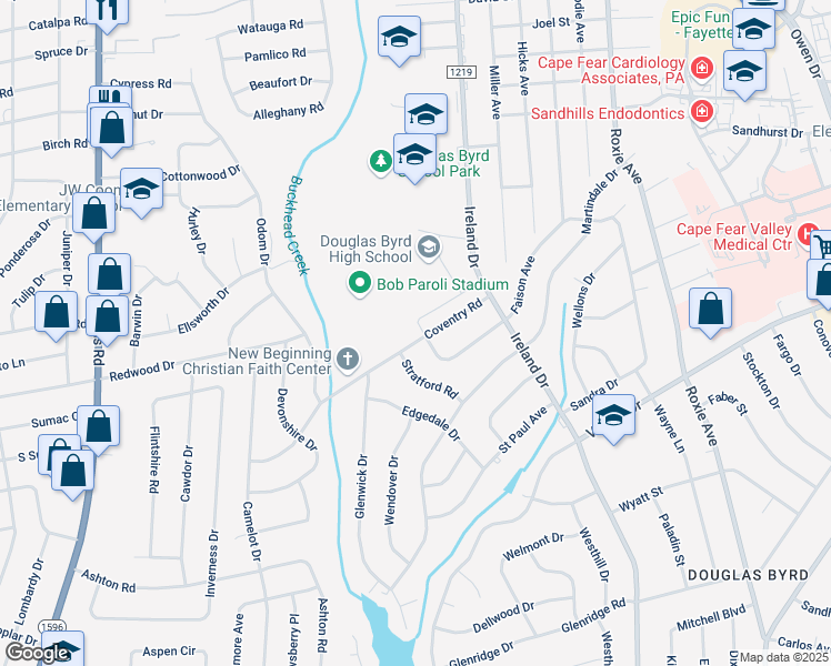 map of restaurants, bars, coffee shops, grocery stores, and more near 4202 Coventry Road in Fayetteville