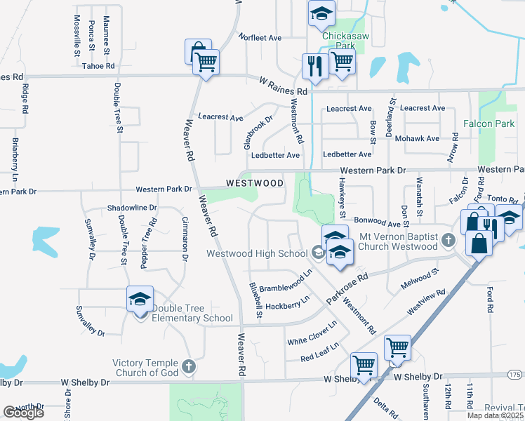 map of restaurants, bars, coffee shops, grocery stores, and more near 4371 Bluebell Street in Memphis
