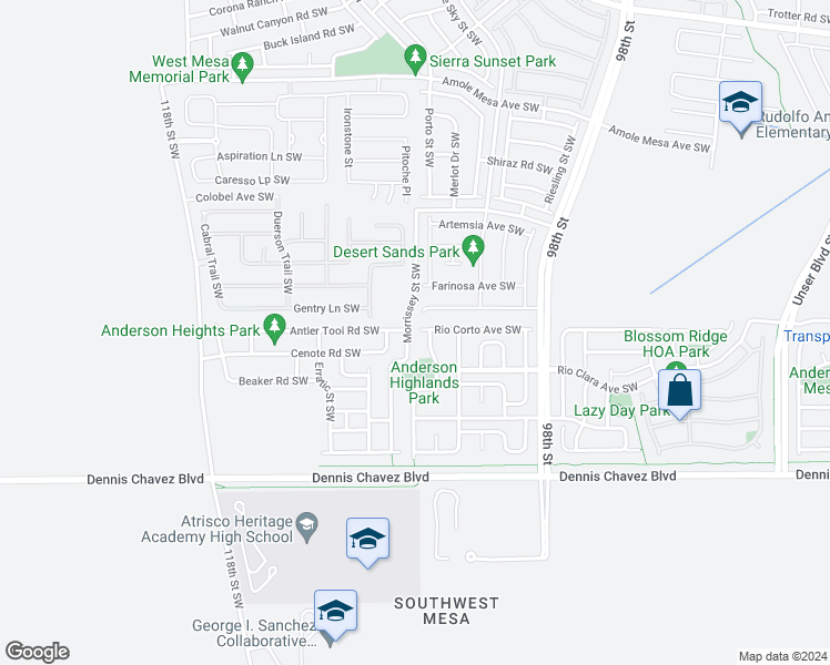 map of restaurants, bars, coffee shops, grocery stores, and more near 3006 Morrissey Street Southwest in Albuquerque