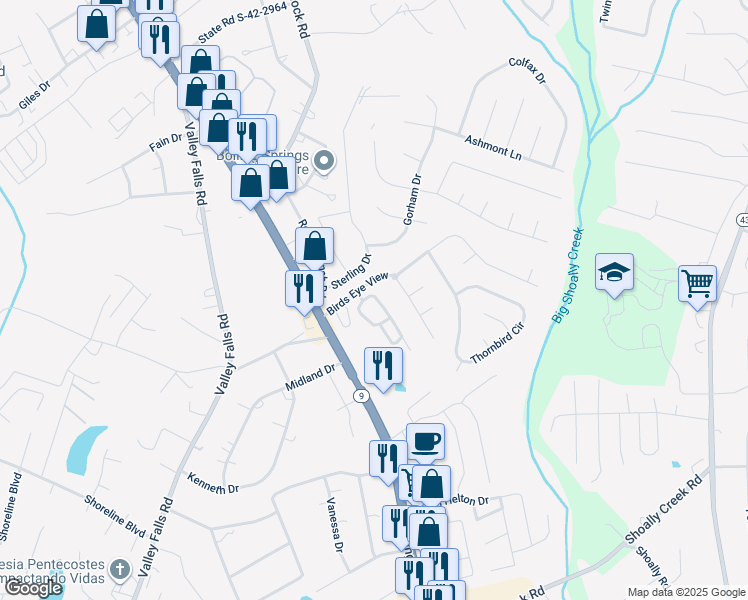 map of restaurants, bars, coffee shops, grocery stores, and more near 300 Skyhawk Drive in Boiling Springs