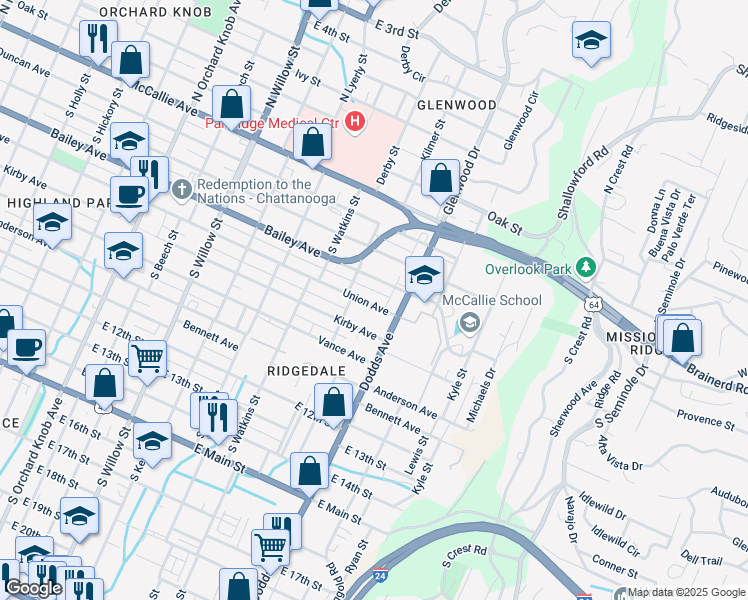 map of restaurants, bars, coffee shops, grocery stores, and more near 2513 Union Avenue in Chattanooga