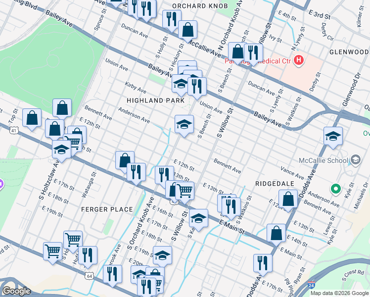 map of restaurants, bars, coffee shops, grocery stores, and more near in Chattanooga