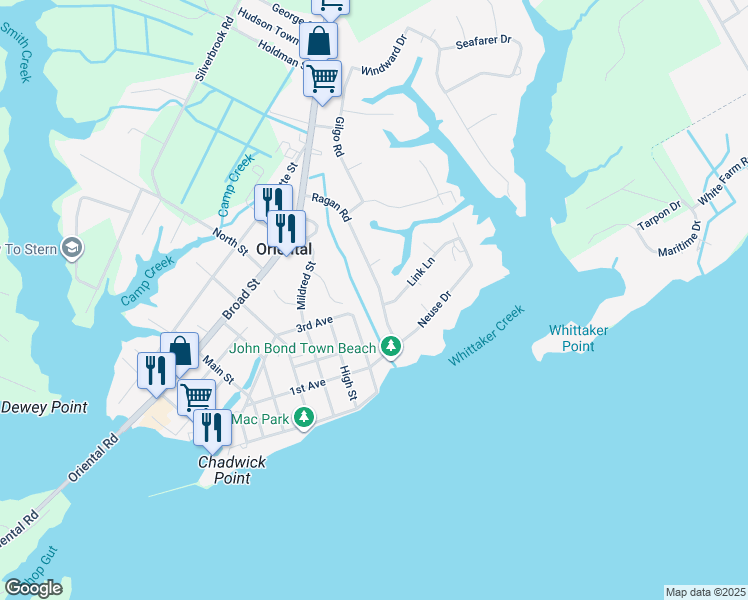 map of restaurants, bars, coffee shops, grocery stores, and more near 401 Ragan Road in Oriental