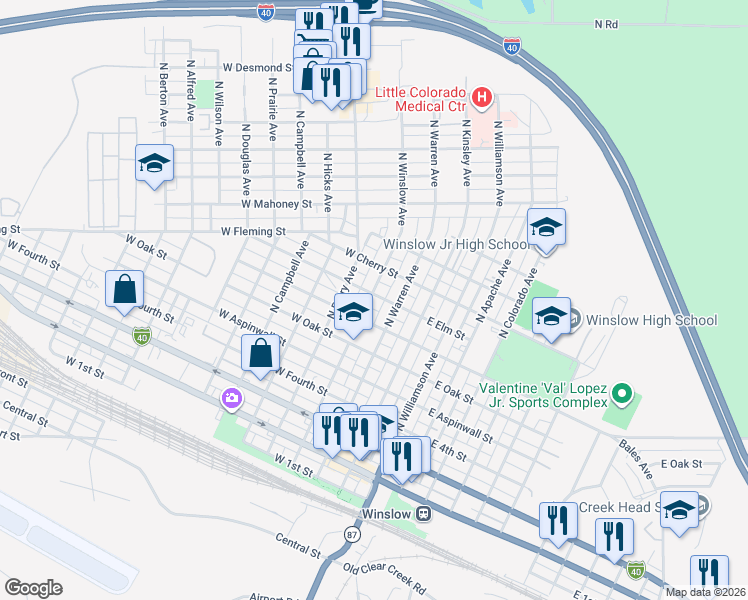 map of restaurants, bars, coffee shops, grocery stores, and more near 222 West Elm Street in Winslow