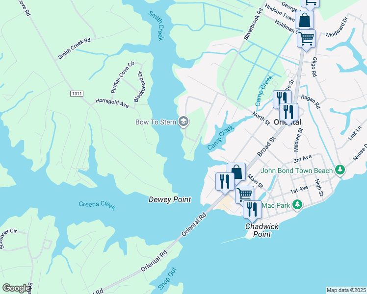 map of restaurants, bars, coffee shops, grocery stores, and more near 288 Blackwell Point Road in Oriental