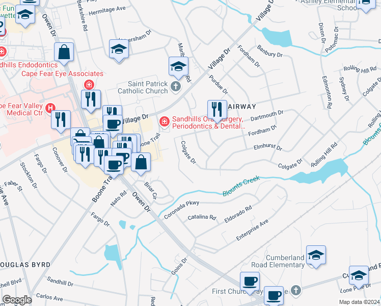 map of restaurants, bars, coffee shops, grocery stores, and more near 2738 Colgate Drive in Fayetteville