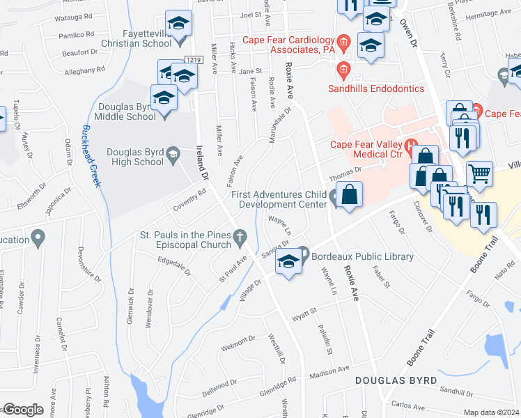 map of restaurants, bars, coffee shops, grocery stores, and more near 1710 Wellons Drive in Fayetteville