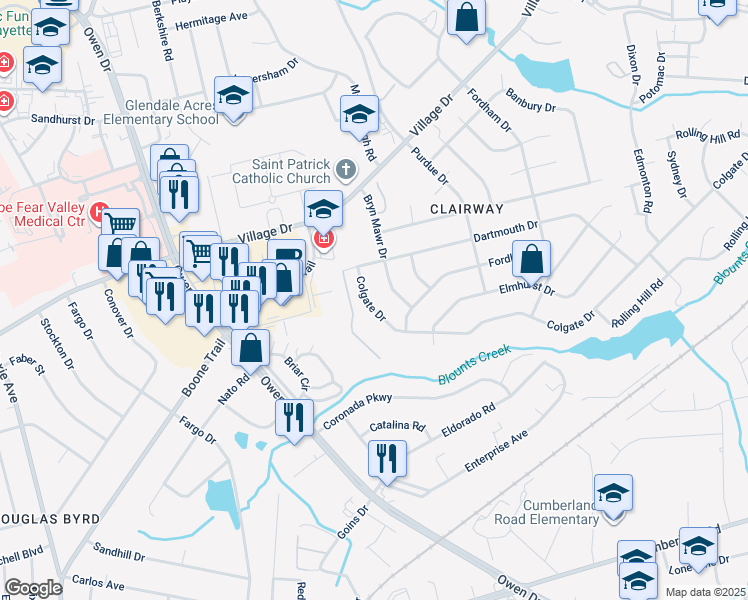 map of restaurants, bars, coffee shops, grocery stores, and more near 2738 Colgate Drive in Fayetteville