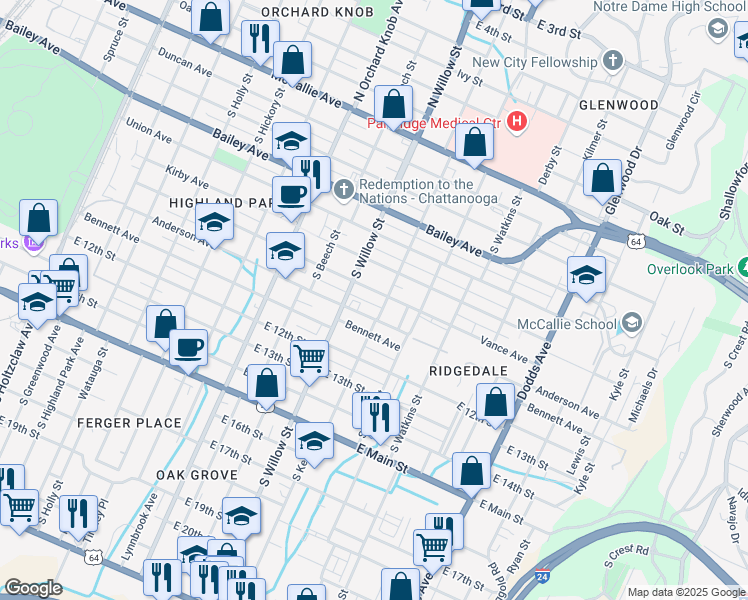 map of restaurants, bars, coffee shops, grocery stores, and more near 2113 Vance Avenue in Chattanooga