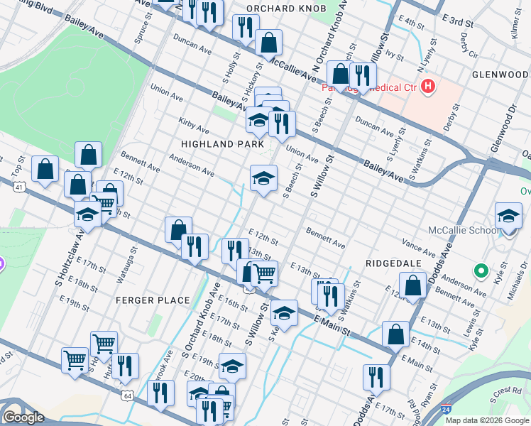 map of restaurants, bars, coffee shops, grocery stores, and more near in Chattanooga
