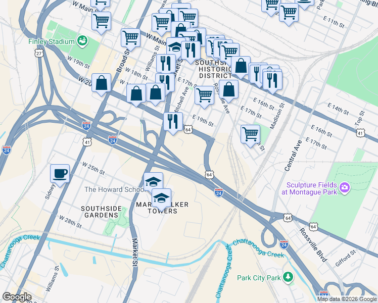 map of restaurants, bars, coffee shops, grocery stores, and more near in Chattanooga