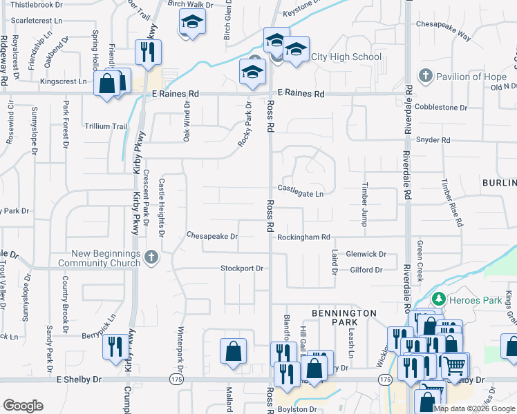map of restaurants, bars, coffee shops, grocery stores, and more near 6664 Chauncey in Memphis