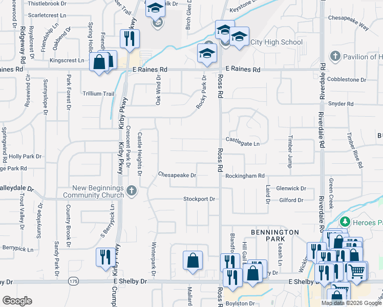 map of restaurants, bars, coffee shops, grocery stores, and more near 6616 Chauncey in Memphis