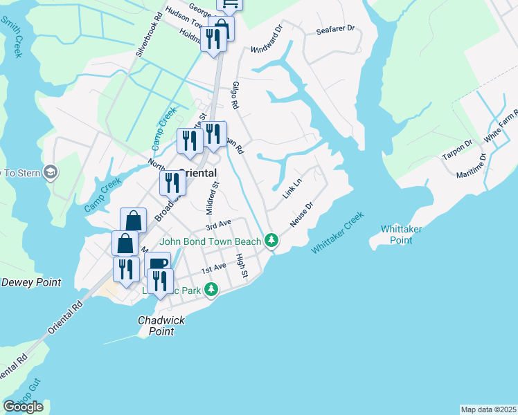 map of restaurants, bars, coffee shops, grocery stores, and more near 401 Ragan Road in Oriental